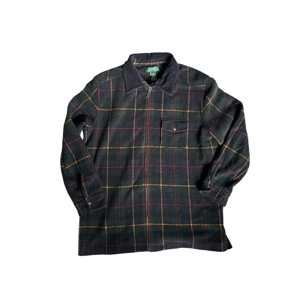 Lauren Ralph Lauren Plaid Tartan Fleece Zip Up Size XL Corduroy Collar